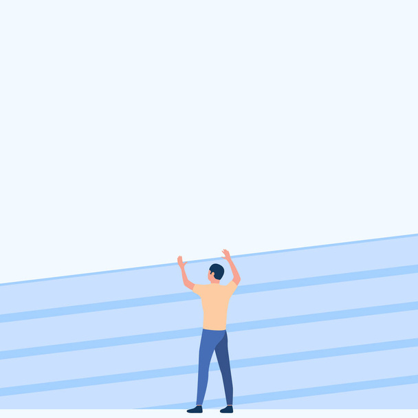 Athletic Man Drawing Standing On Track Field Raising Both Hands. Gentleman Design Stands On Race Tracks With Raised Hand Showing Celebration. - Vector, Image