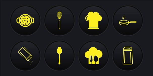 Definir Sal e pimenta, frigideira, colher, chapéu de chef com colher de garfo, batedor de cozinha e ícone de panela de sopa de cozinha. Vetor - Vetor, Imagem