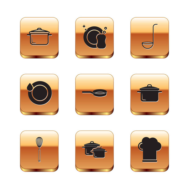 鍋、キッチン泡立て器、フライパン、食器洗浄機、鍋、シェフの帽子とアイコンを設定します。ベクトル - ベクター画像