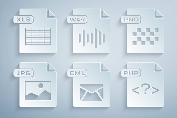 Ορισμός εγγράφου αρχείου EML, PNG, JPG, PHP, WAV και XLS εικονίδιο. Διάνυσμα - Διάνυσμα, εικόνα