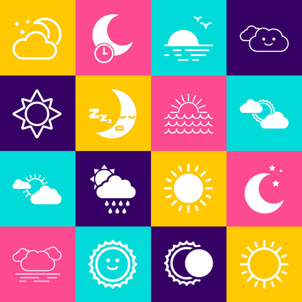 Set Sun, Moon and stars, cloud weather, Sunset, icon, Cloud with moon and icon. Vector - Вектор,изображение