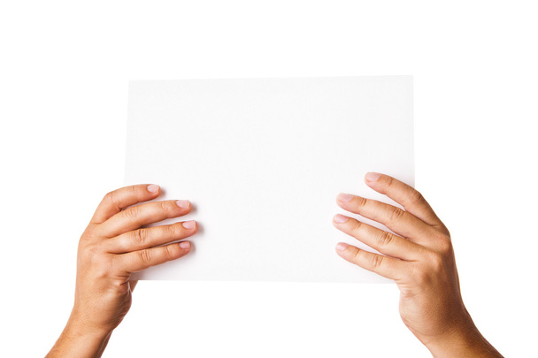 Homem mão segurando cartão de publicidade em branco no branco
 - Foto, Imagem