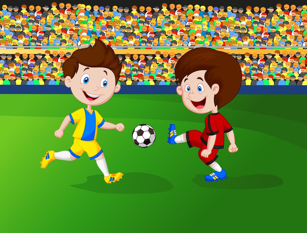 Dibujos animados niño jugando fútbol
 - Vector, imagen