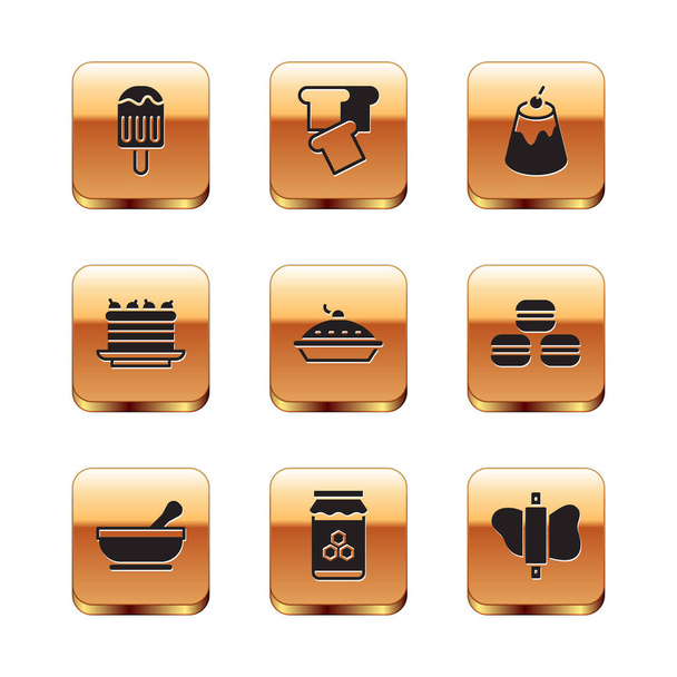 Set Ice cream, Mortar and pestle, Jar of honey, Homemade pie, Cake, Pudding custard, Rolling pin dough and Bread toast icon. Vector - Vector, Image