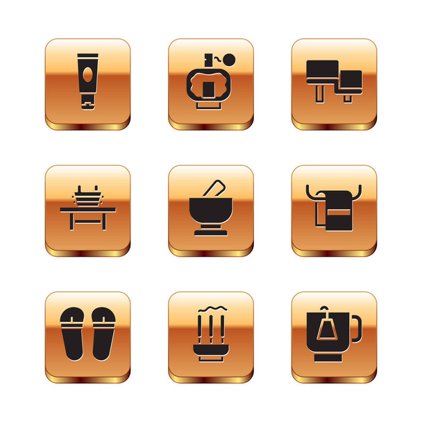 Set Cream or lotion cosmetic tube, Flip flops, Incense sticks, Mortar and pestle, Sauna πάγκος με κουβά, ξύλο, Cup of tea bag and Aftershave icon. Διάνυσμα - Διάνυσμα, εικόνα
