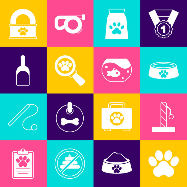 Set Paw print, Cat scratching post, Pet food bowl, Bag of for pet, Veterinary clinic, Dustpan, Canned and Aquarium with fish icon. Vector - Vector, Image