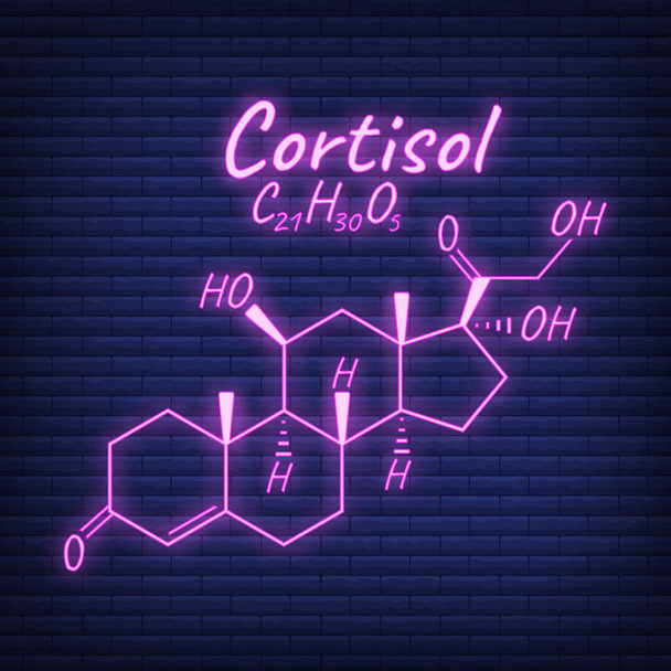 Humán hormon kortizol periodikus elem fogalom kémiai csontváz képlet ikon címke, szöveg betűtípus neon izzás vektor illusztráció, elszigetelt fekete. Egészséges életmód endokrin rendszer. - Vektor, kép