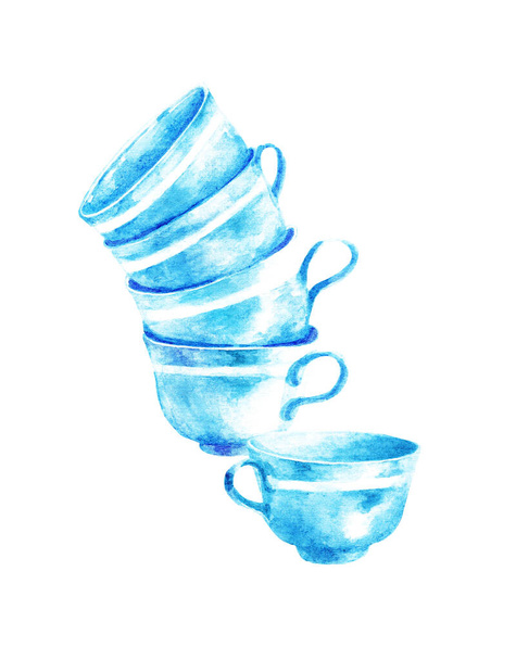 A stack of porcelain blue cups. Watercolor illustration - Φωτογραφία, εικόνα