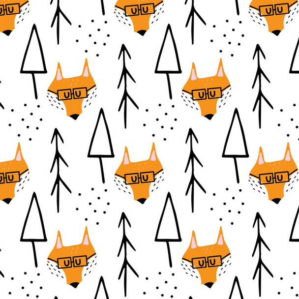 Childish hand-drawn seamless pattern with red fox wearing glasses. Pattern with a fox and trees. Pattern for postcards, prints, textiles, wrapping paper. - ベクター画像
