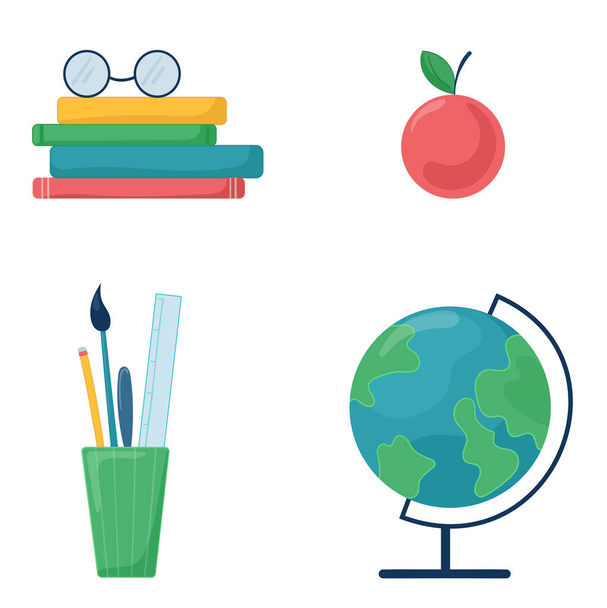 Векторні ілюстрації шкільних предметів набір: глобус, окуляри, лінійка, яблуко, олівець, пензлі, книги на білому ізольованому фоні
. - Вектор, зображення