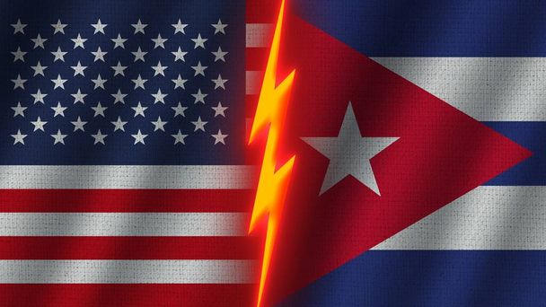 キューバとアメリカの国旗一緒に、波織物テクスチャ効果、ネオングロー効果、輝く雷アイコン、危機概念、 3Dイラスト - 写真・画像