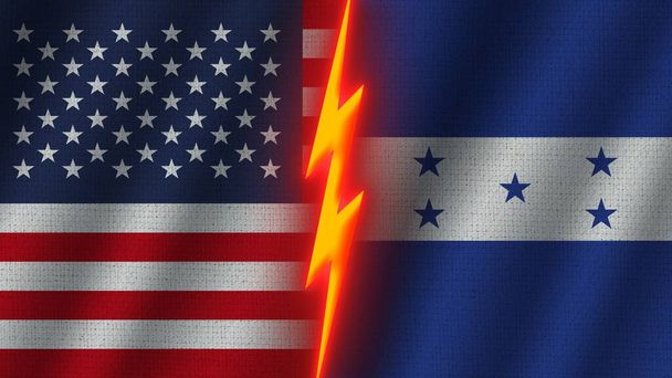 Honduras and United States of America Flags Together, Wavy Fabric Texture Effect, Neon Glow Effect, Shining Thunder Icon, Crisis Concept, 3D Illustration - Photo, Image