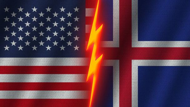 Islanda e Stati Uniti d'America Bandiere insieme, Tessuto ondulato effetto texture, Effetto neon bagliore, Icona fulmine splendente, Concetto di crisi, Illustrazione 3D - Foto, immagini