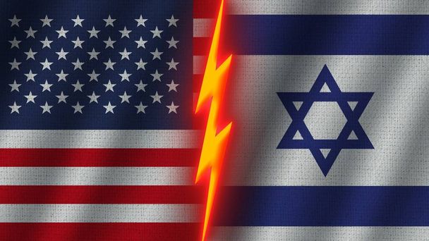 Izrael i Stany Zjednoczone Ameryki Flagi Razem, Efekt tekstury tkaniny falistej, Neon Glow Effect, Błyszcząca ikona grzmotu, Koncepcja kryzysu, Ilustracja 3D - Zdjęcie, obraz