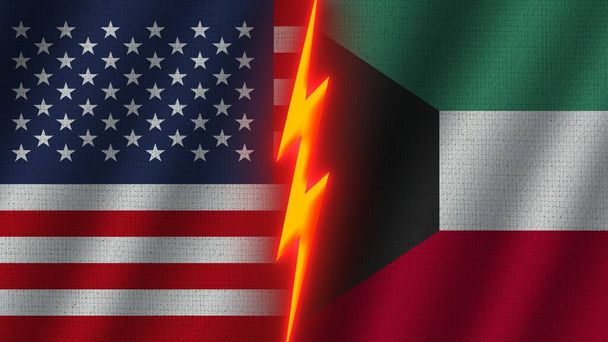 Kuwait e Stati Uniti d'America Bandiere insieme, Tessuto ondulato Texture Effetto, Neon Glow Effect, Icona fulminante, Concetto di crisi, Illustrazione 3D - Foto, immagini