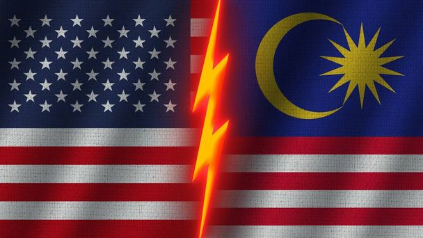 Malezja i Stany Zjednoczone Ameryki Flagi Razem, Efekt tekstury tkaniny falistej, Neon Glow Effect, Świecąca ikona grzmotu, Koncepcja kryzysu, Ilustracja 3D - Zdjęcie, obraz