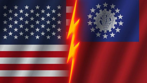 Birma i Stany Zjednoczone Ameryki Flagi razem, Efekt tekstury tkaniny falistej, Neon Glow Effect, Błyszcząca ikona grzmotu, Koncepcja kryzysu, Ilustracja 3D - Zdjęcie, obraz