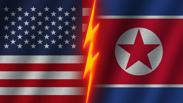 Korea Północna i Stany Zjednoczone Ameryki Flagi Razem, Efekt tekstury tkaniny falistej, Neon Glow Effect, Błyszcząca ikona grzmotu, Koncepcja kryzysu, Ilustracja 3D - Zdjęcie, obraz
