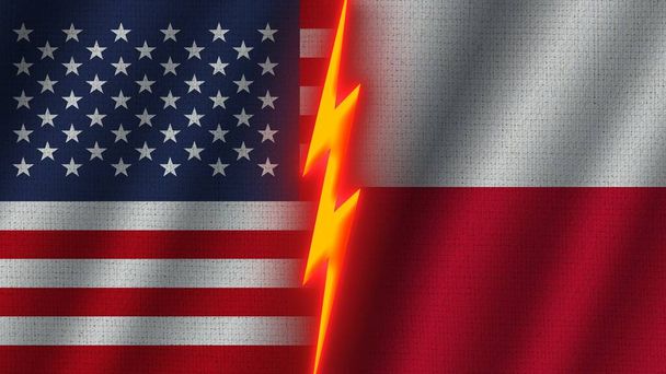 Polska i Stany Zjednoczone Ameryki Flagi Razem, Efekt tekstury tkaniny falistej, Neon Glow Effect, Ikona błyszczącego grzmotu, Koncepcja kryzysu, Ilustracja 3D - Zdjęcie, obraz