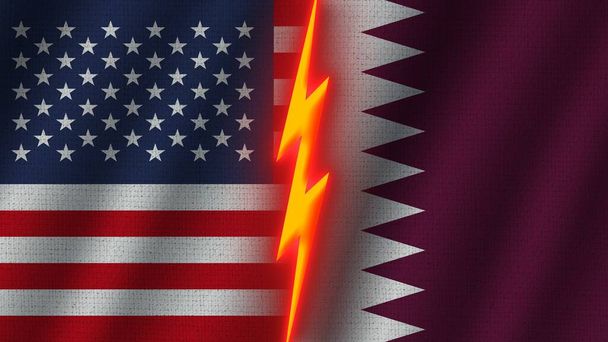 Qatar e Stati Uniti d'America Bandiere insieme, Tessuto ondulato Texture Effetto, Neon Glow Effect, Icona fulminante, Concetto di crisi, Illustrazione 3D - Foto, immagini