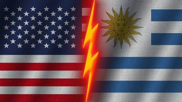 Uruguay e Stati Uniti d'America Bandiere insieme, Tessuto ondulato effetto texture, Effetto neon bagliore, Icona fulmine splendente, Concetto di crisi, Illustrazione 3D - Foto, immagini