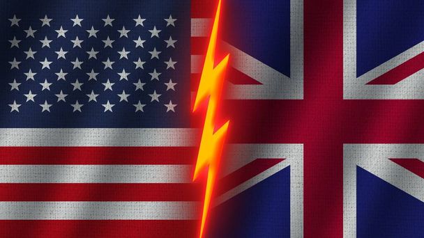 Ηνωμένο Βασίλειο και Ηνωμένες Πολιτείες της Αμερικής σημαίες μαζί, κυματιστό ύφασμα επίδραση υφής, νέον εφέ λάμψης, Shining Thunder εικονίδιο, έννοια κρίσης, 3D εικονογράφηση - Φωτογραφία, εικόνα