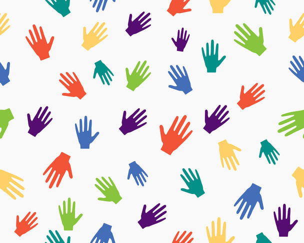 Vector seamless pattern wirh rainbow color handprints. International childrens day. Concept of friendship, happy childhood, unity of peoples. - Vecteur, image