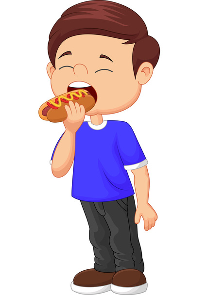 Dibujos animados chico comer hot dog
 - Vector, imagen