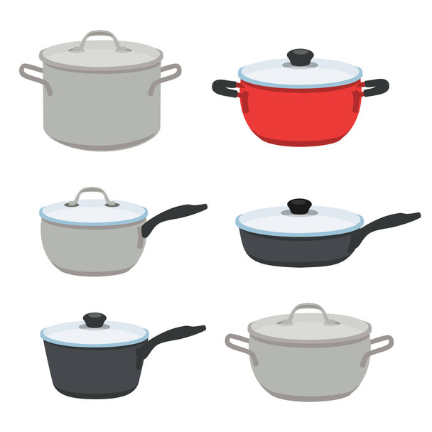 Pans pots and saucepans isolated on white background. Kitchen pan, cartoon kitchenware tools collection for cooking. Vector elements for boiling and frying - Vettoriali, immagini