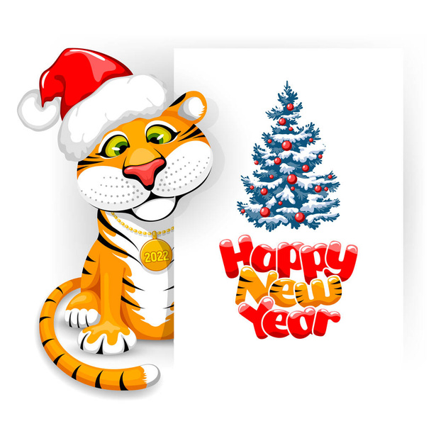 Felice anno nuovo 2022 disegno celebrazione con cartone animato divertente cucciolo di tigre e biglietto di auguri. Il giovane Tigre indossa un cappello da Babbo Natale festoso. Illustrazione vettoriale. - Vettoriali, immagini