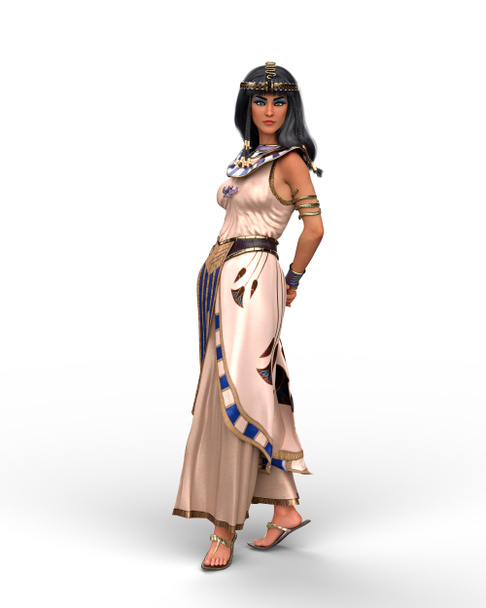 Beautiful Egyptian woman queen or princess like Cleopatra. Full length standing portrait 3D illustration isolated on a white background. - Photo, Image
