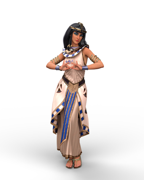 Belle reine égyptienne ou princesse comme Cléopâtre en position debout pleine longueur. Illustration 3D isolée sur fond blanc. - Photo, image