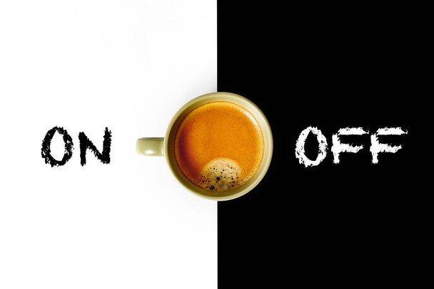 cup of coffee on a black and white background, On Off sign, copy space - Foto, Imagen