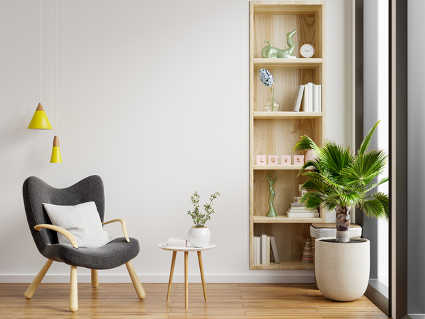 Interior minimalista da sala de estar com poltrona de design e mesa na parede branca.3D renderização - Foto, Imagem