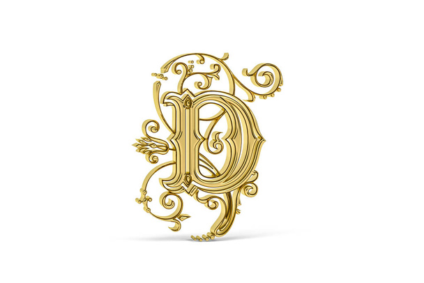 Złota dekoracyjna litera 3d D z ozdobą izolowaną na białym tle - renderowanie 3D - Zdjęcie, obraz