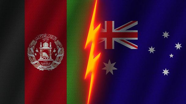 Australia i Afganistan Flagi Razem, Efekt tekstury tkaniny falistej, Neon Glow Effect, Świecąca ikona grzmotu, Koncepcja kryzysu, Ilustracja 3D - Zdjęcie, obraz