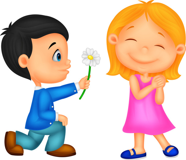 mały chłopiec klęka na jedno kolano daje kwiaty dziewczyna - Wektor, obraz