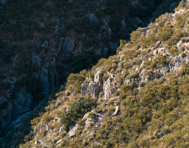 szakadék egy hegyen Dél-Spanyolországban, vannak bokrok és sziklák - Fotó, kép