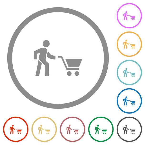Shopping Person mit Warenkorb flache Farbsymbole in runden Umrissen auf weißem Hintergrund - Vektor, Bild