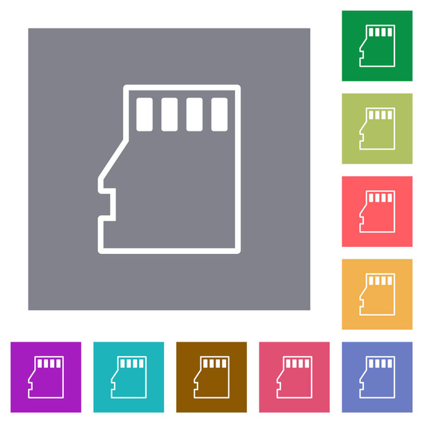 Micro SD memory card outline flat icons on simple color square backgrounds - Vector, Image