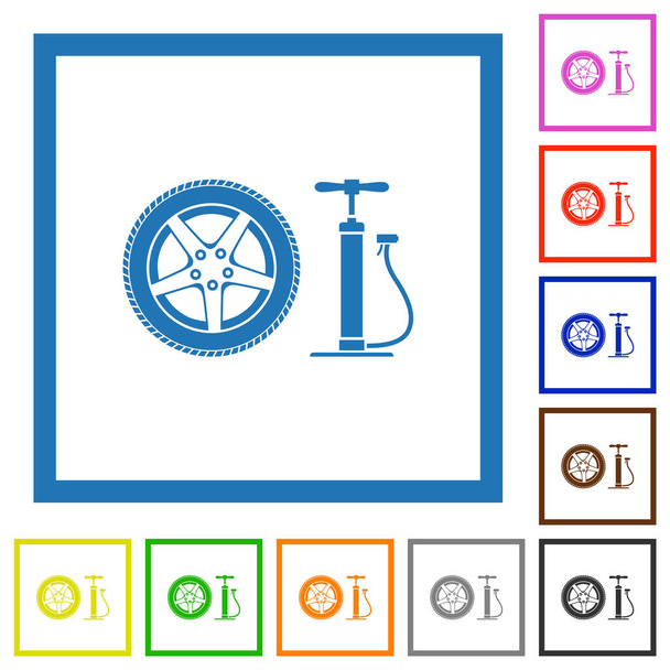 Rueda de coche y bomba iconos de color plano en marcos cuadrados sobre fondo blanco - Vector, imagen