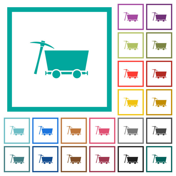 Mine cart and pickaxe flat color icons with quadrant frames on white background - Vektor, Bild