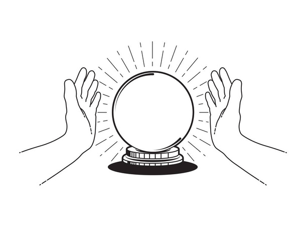 Kouzelná křišťálová koule s lidskýma rukama, retro designový prvek. Budoucí koncept. Vektorová ilustrace izolovaná na bílém pozadí, EPS 10 - Vektor, obrázek