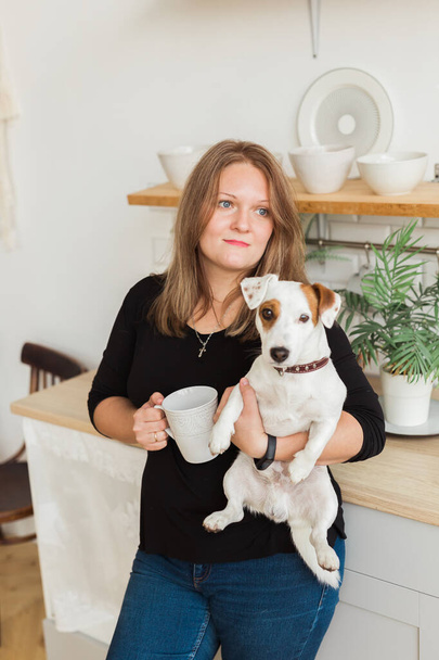 Happy female owner of jack russell terrier dog, feels responsibility of caring about pet, standing against kitchen background. People and relationship with animals - 写真・画像