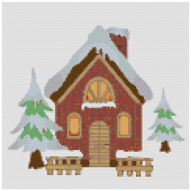Fachada de casa. Casa de madera. Casa suburbana nevada, casa rural de invierno con chimenea. Ilustración de bordado de punto de cruz. Imitación de la estructura de lona de punto. Decoración de tela - Foto, imagen