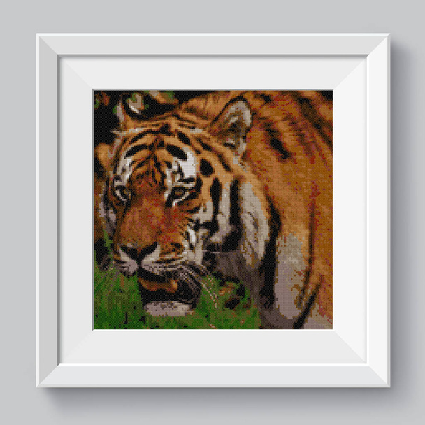 Tiger portrait. Young tiger on dark background in action of looking to the camera. Illustration of cross stitch embroidery. Imitation of knitted canvas structure. Fabric decor, beautiful cross-stitch - Photo, Image