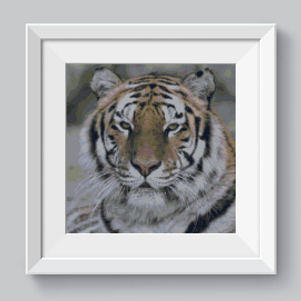 Joven tigre sobre fondo oscuro en acción de mirar a la cámara. Retrato de un joven felino grande y hermoso. Ilustración de bordado de punto de cruz. Imitación de la estructura de lona de punto. Decoración de tela - Foto, imagen