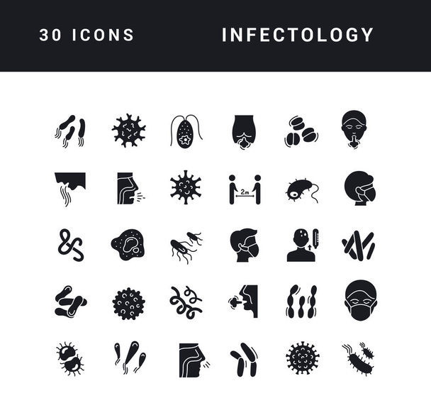Infectology. Collection of perfectly simple monochrome icons for web design, app, and the most modern projects. Universal pack of classical signs for category Medicine. - Διάνυσμα, εικόνα