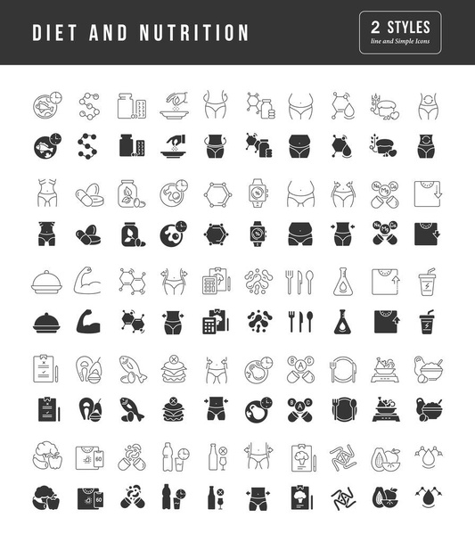 Diet and Nutrition. Collection of perfectly simple monochrome icons for web design, app, and the most modern projects. Universal pack of classical signs for category Medicine. - Vector, imagen