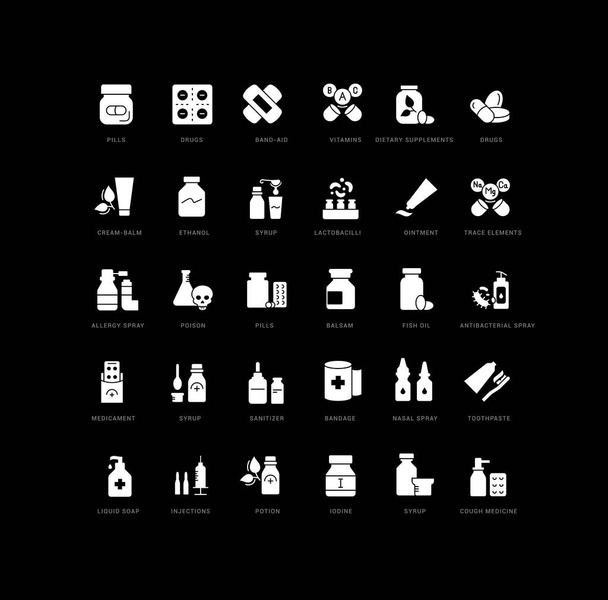 Pharmacology and Drugs. Collection of perfectly simple monochrome icons for web design, app, and the most modern projects. Universal pack of classical signs for category Medicine. - Vecteur, image
